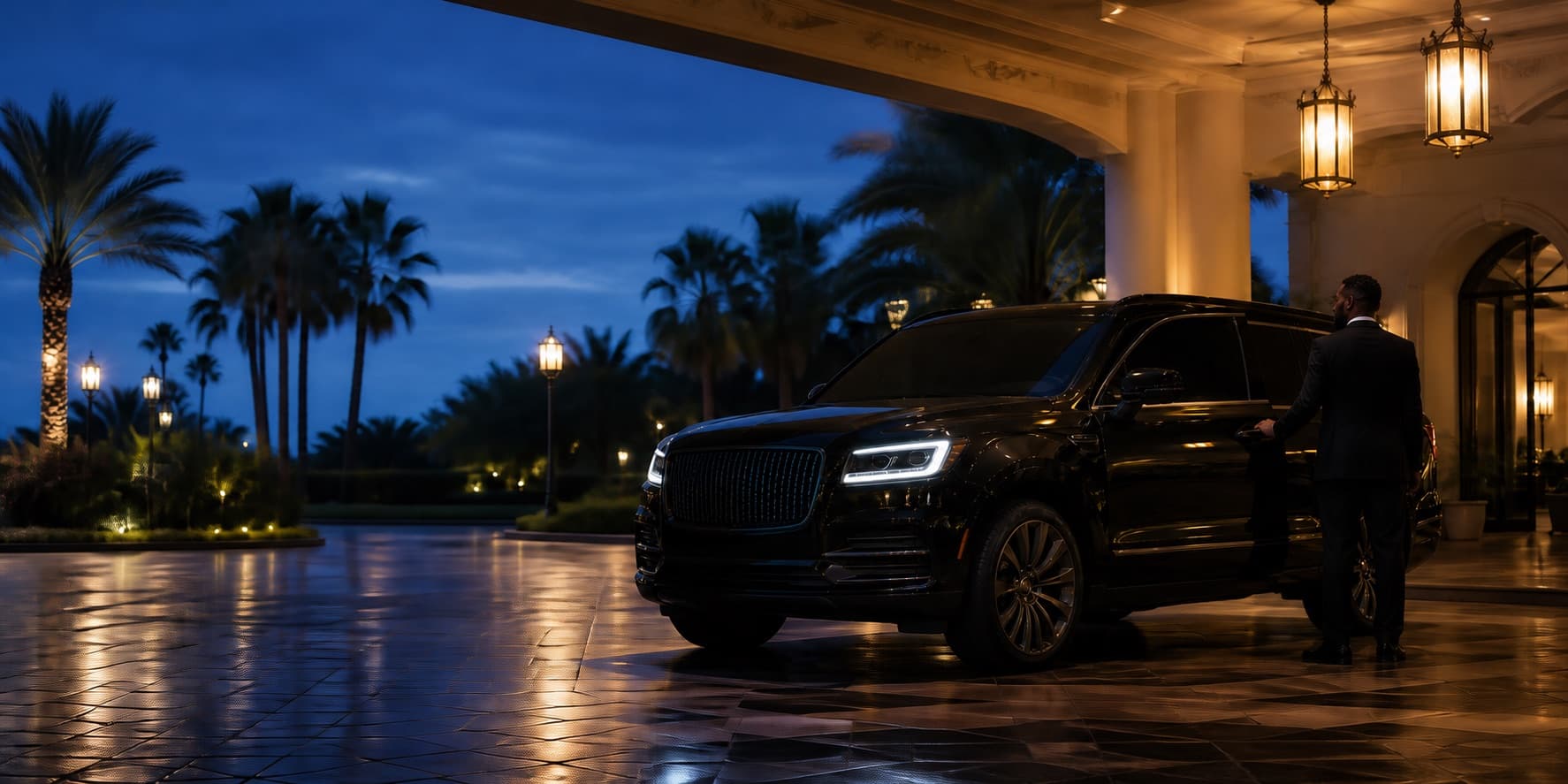 A Black chauffeur opening the rear door of a black SUV beneath a warmly lit resort entrance at blue hour.