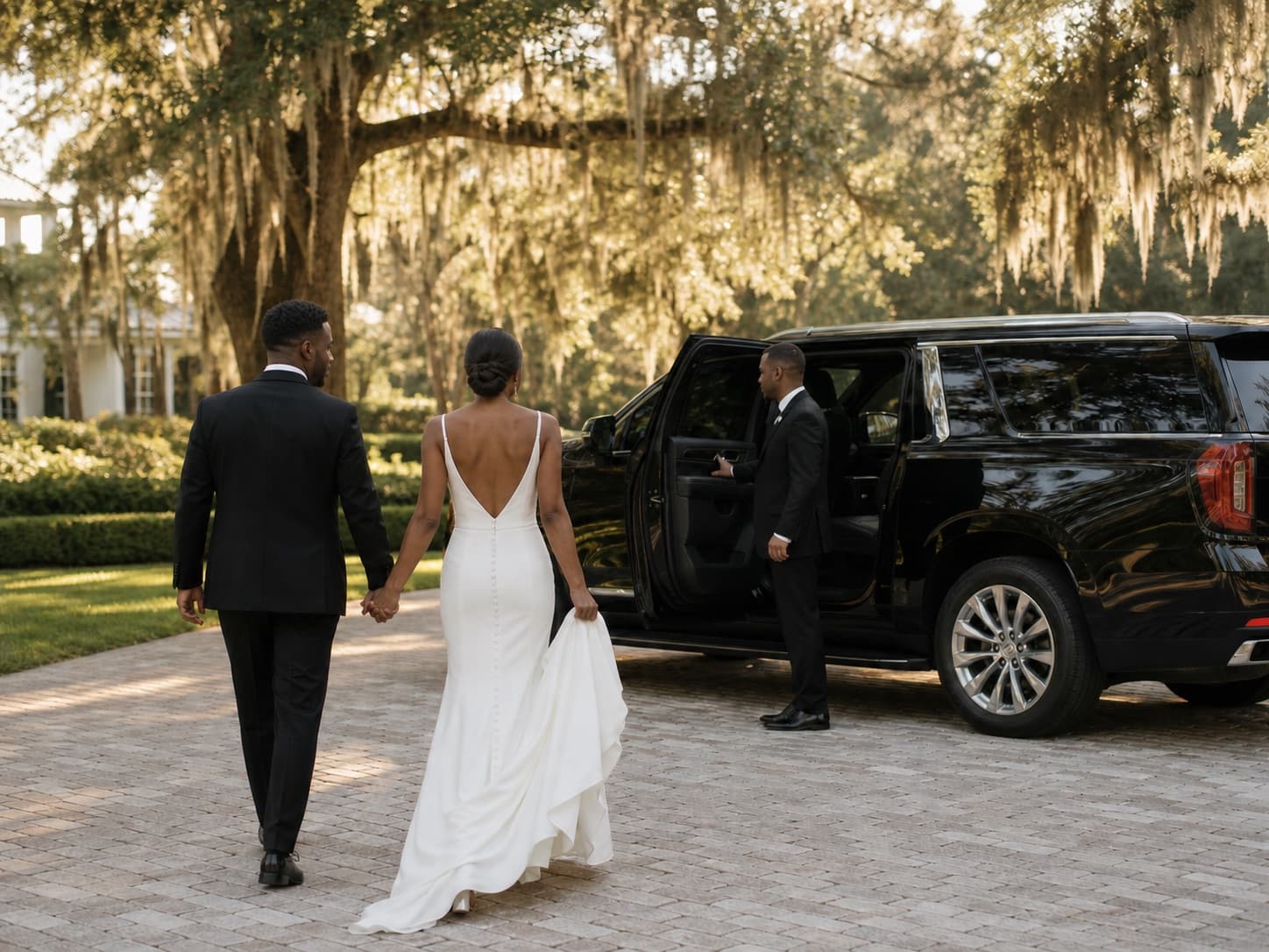 An African American newly married couple approaching a chauffeured black SUV on a sunlit estate drive.